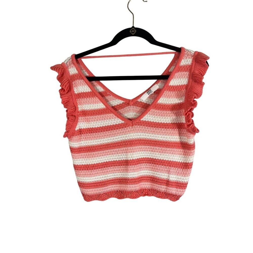 Retro Striped Ruffle Knit Sweater Pink XL Feminine Coquette Y2K Festival Chic